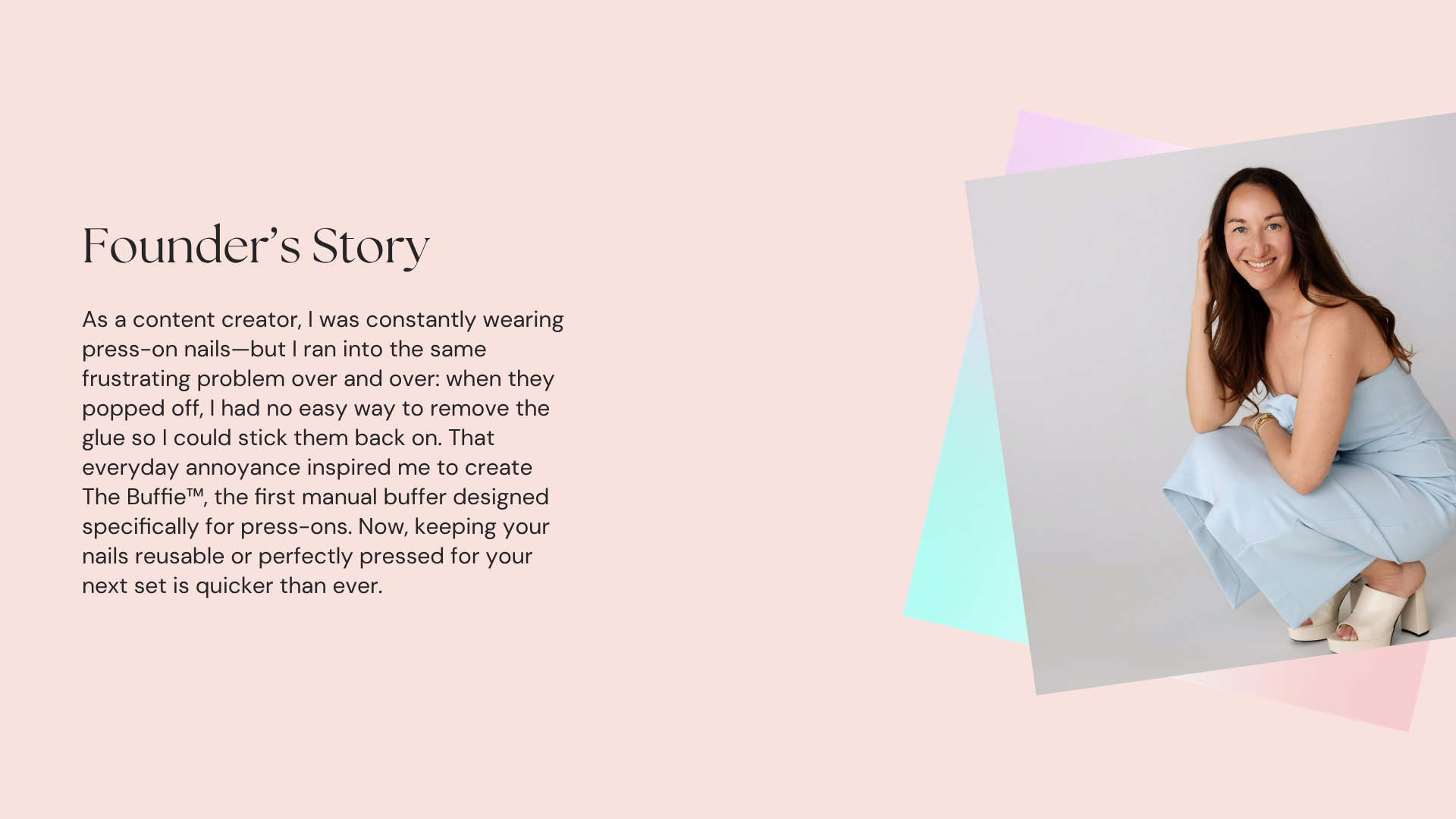 Woman sitting on a light gray surface with a pink background, text about a founder's story.