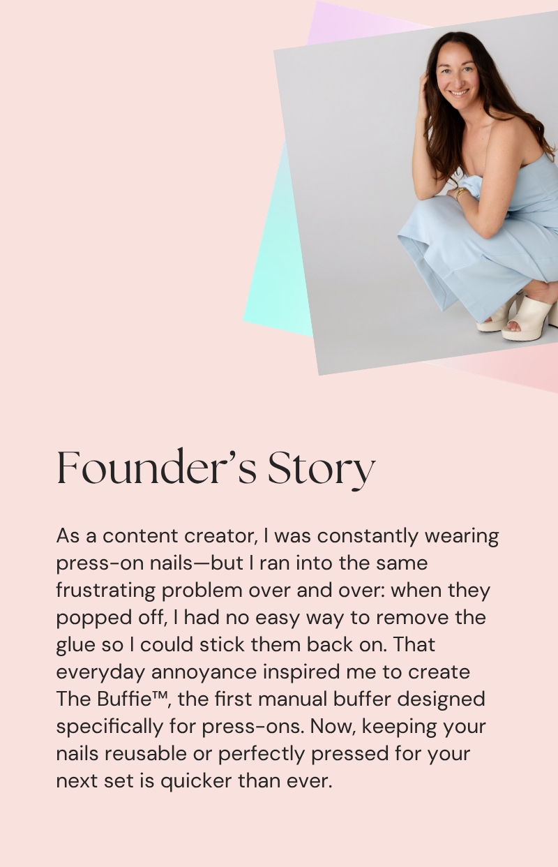 Woman in a light blue dress sitting on a colorful background with text about press-on nails and The Buffie product.